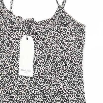 Brave Soul Womens Beige Animal Print Cotton Mini Size L Square Neck Pullover