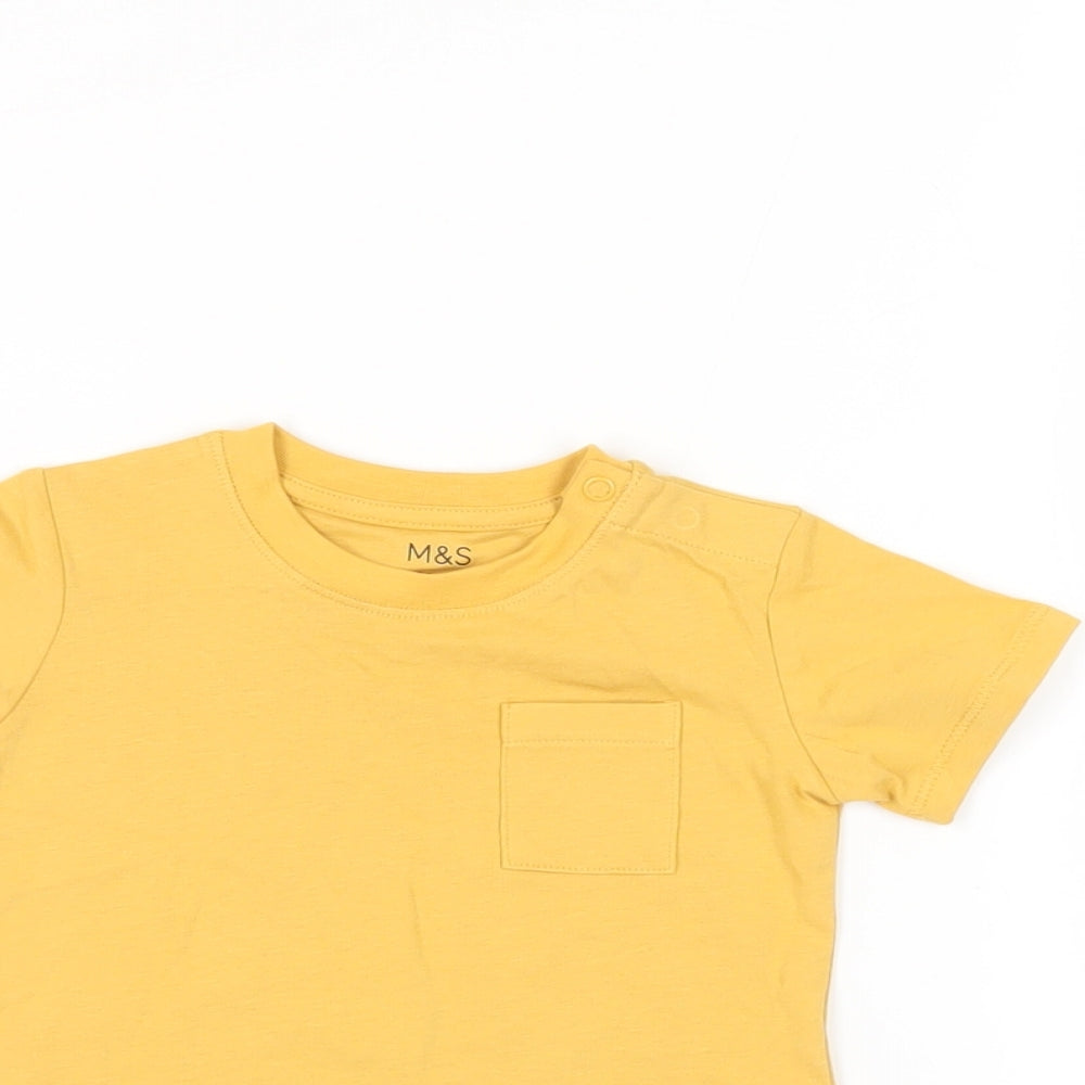 Marks and Spencer Baby Yellow Cotton Pullover T-Shirt Size 3-6 Months Crew Neck Snap - Pocket