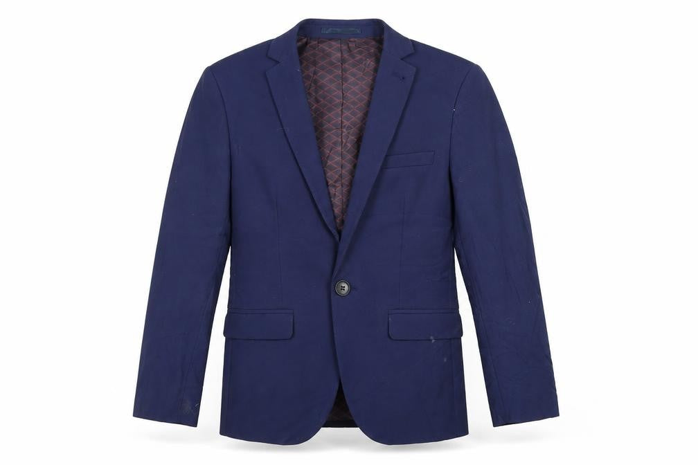 Front view of Next boys’ blue jacket blazer, size 8, years button