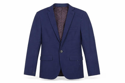 Front view of Next boys’ blue jacket blazer, size 8, years button