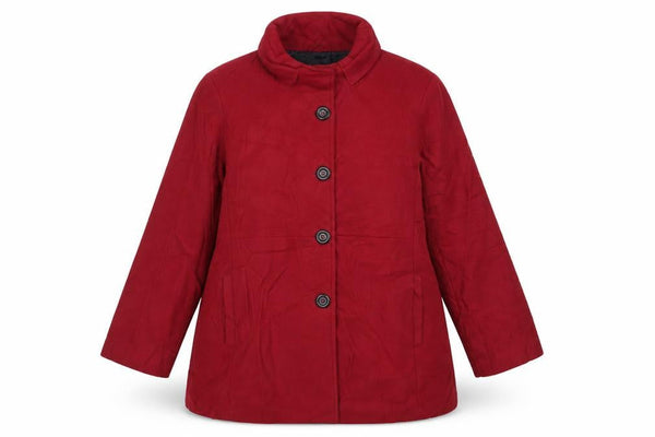 Front view of Gabriella Vincenza women’s red pea coat coat, size UK 14, button - vintage