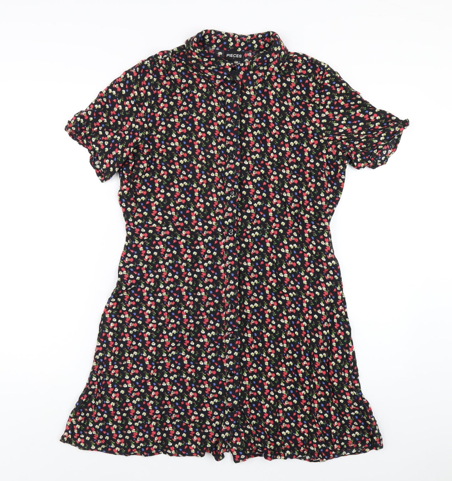 Pieces Womens Black Floral Viscose Shirt Dress Size L Collared Button