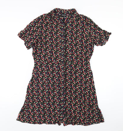 Pieces Womens Black Floral Viscose Shirt Dress Size L Collared Button