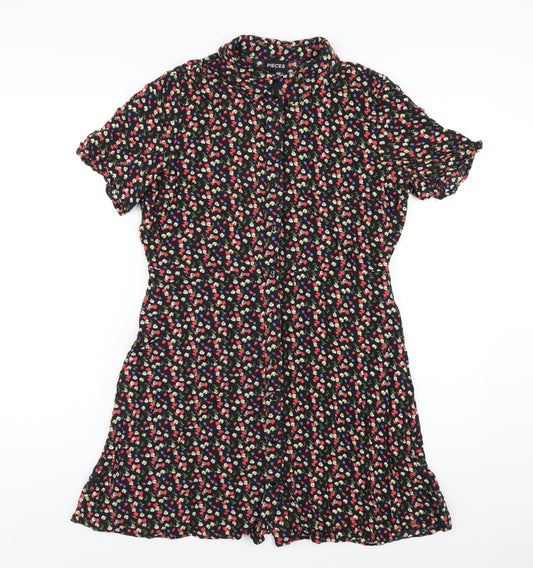 Pieces Womens Black Floral Viscose Shirt Dress Size L Collared Button