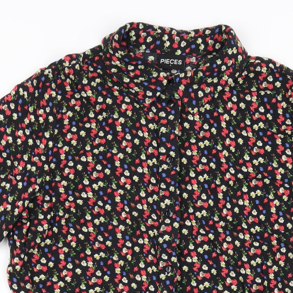 Pieces Womens Black Floral Viscose Shirt Dress Size L Collared Button