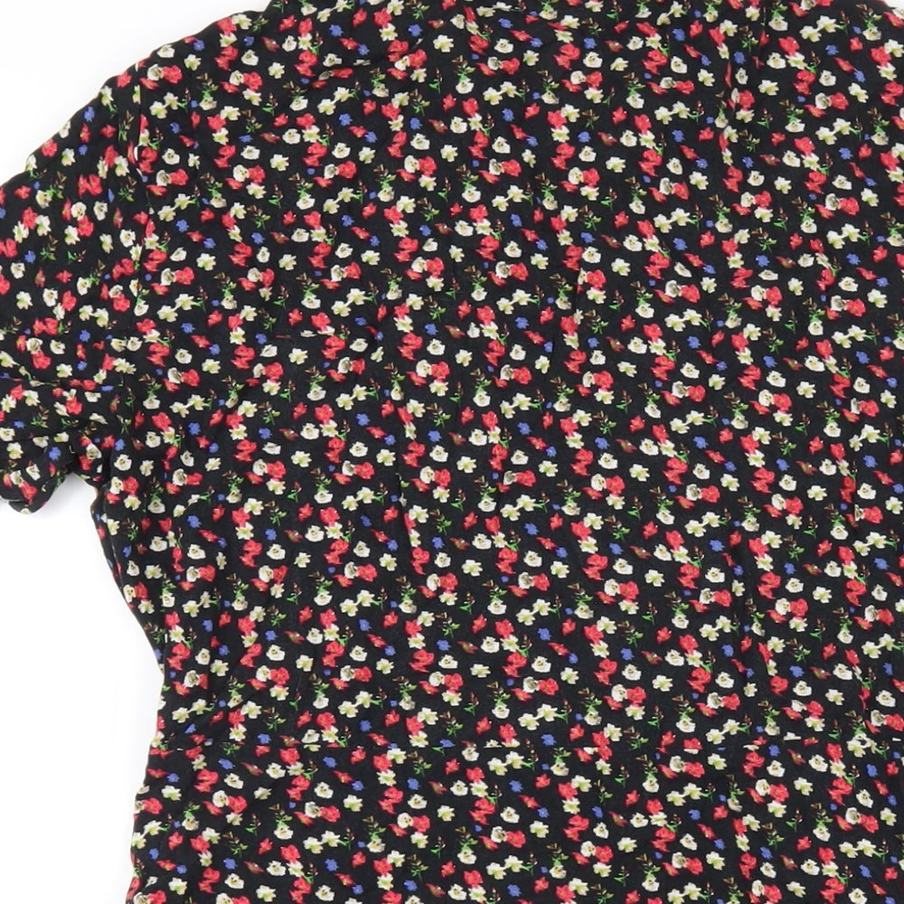 Pieces Womens Black Floral Viscose Shirt Dress Size L Collared Button