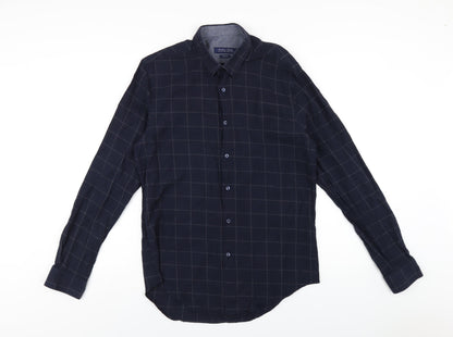 Zara Mens Blue Check Cotton Button-Up Size L Collared Button