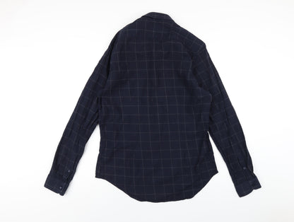 Zara Mens Blue Check Cotton Button-Up Size L Collared Button