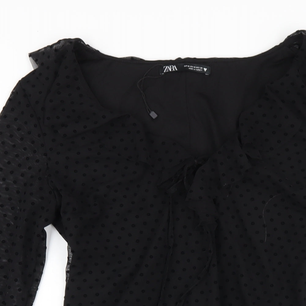 Zara Womens Black Polyester A-Line Size M V-Neck Zip