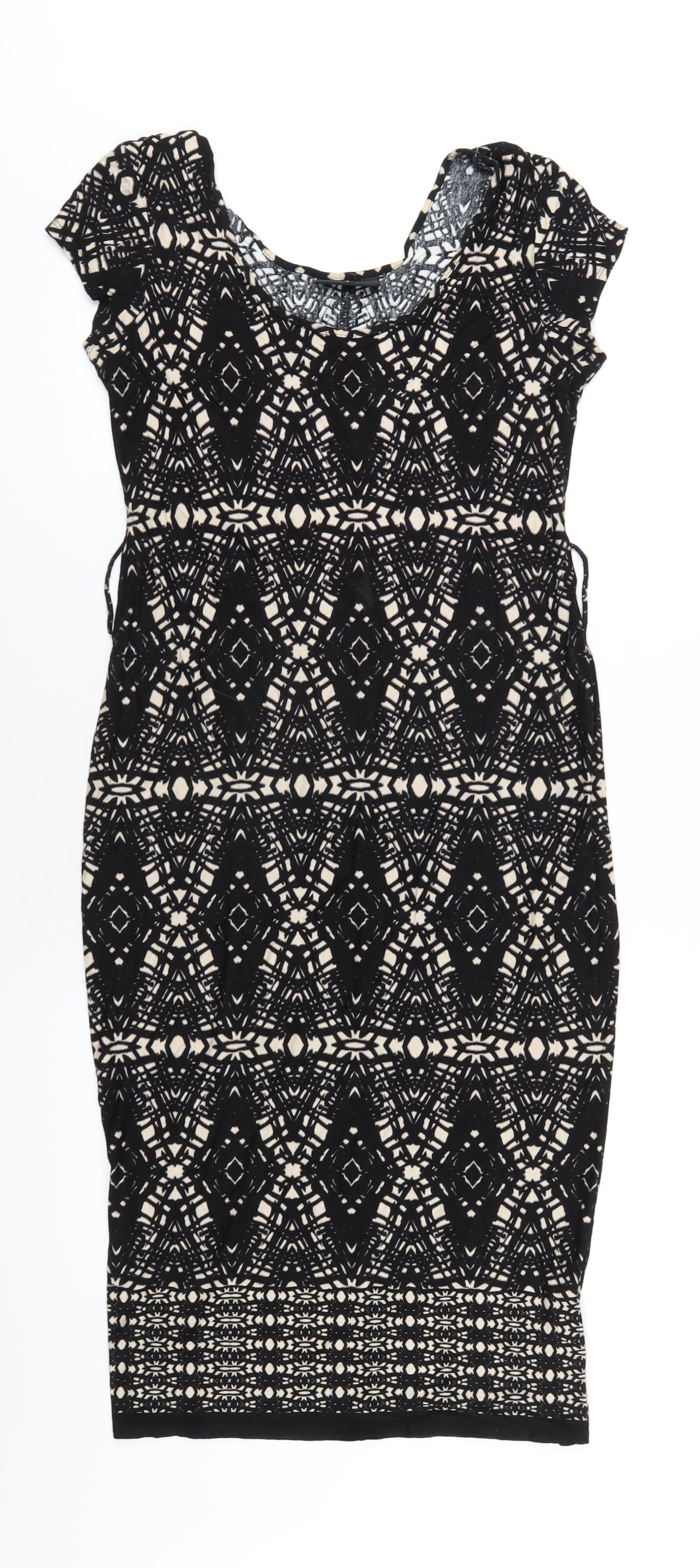 Wallis Womens Black Geometric Viscose Bodycon Size S Scoop Neck Pullover