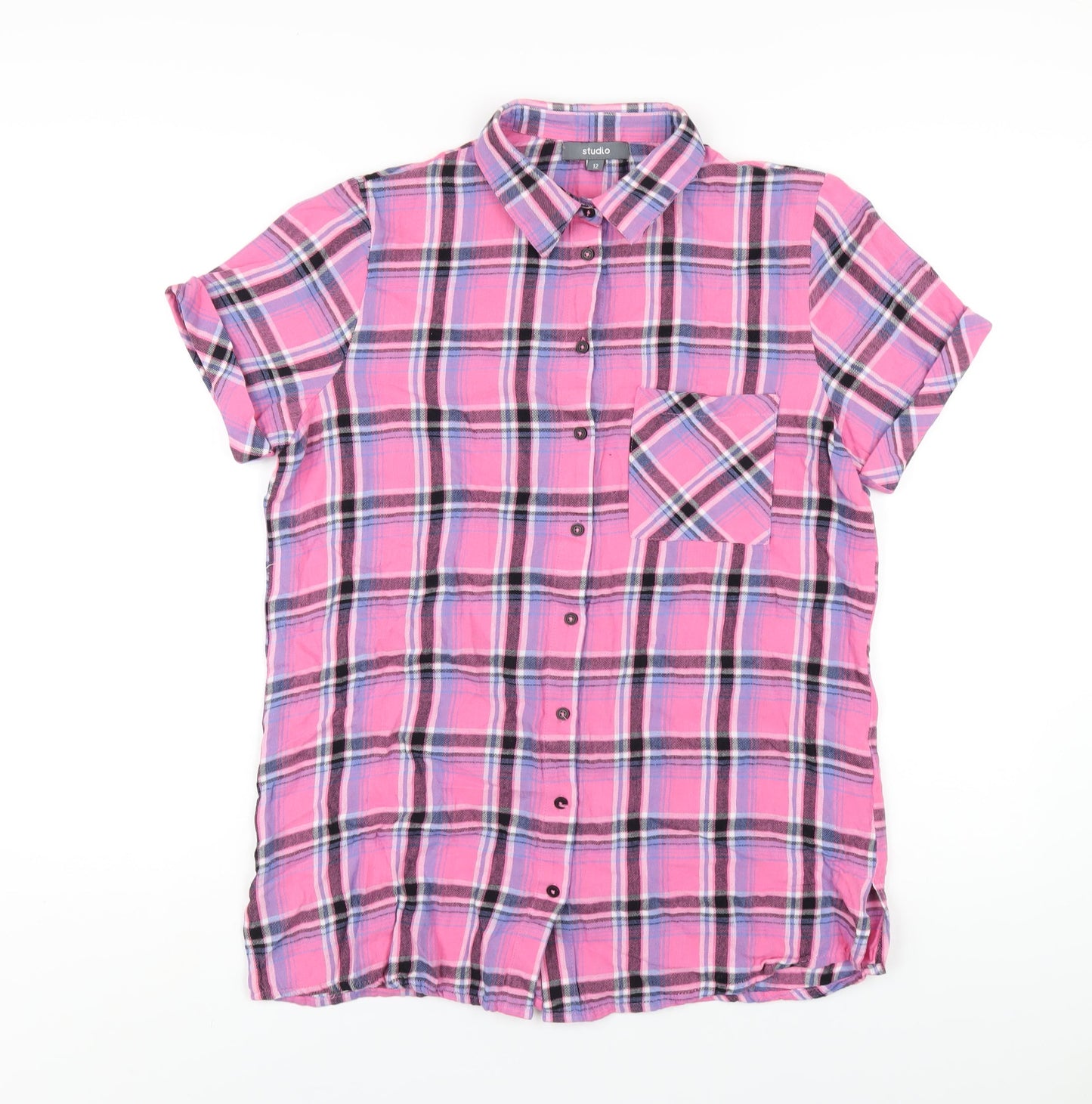 Studio Womens Pink Plaid Cotton Basic Button-Up Size 12 Collared