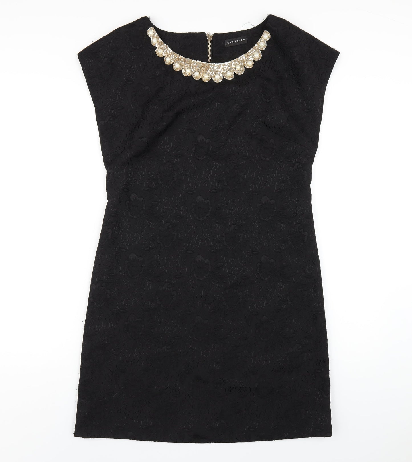 Exhibit Womens Black Polyester A-Line Size 14 Scoop Neck Zip - Beaded Neckline