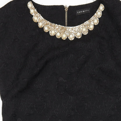 Exhibit Womens Black Polyester A-Line Size 14 Scoop Neck Zip - Beaded Neckline