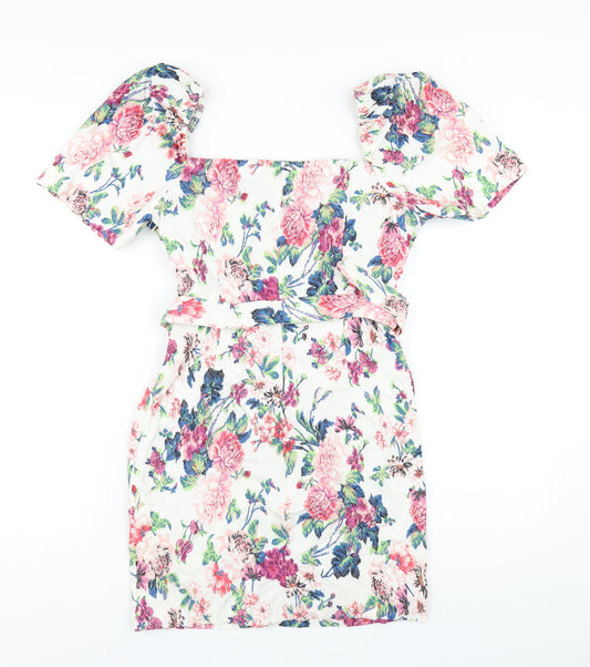 Zara Womens Multicoloured Floral Viscose Bodycon Size L Square Neck Zip