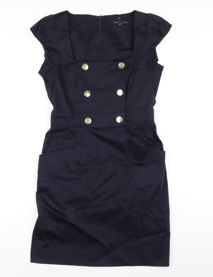 French Connection Womens Blue Cotton Pencil Dress Size 12 Square Neck Zip