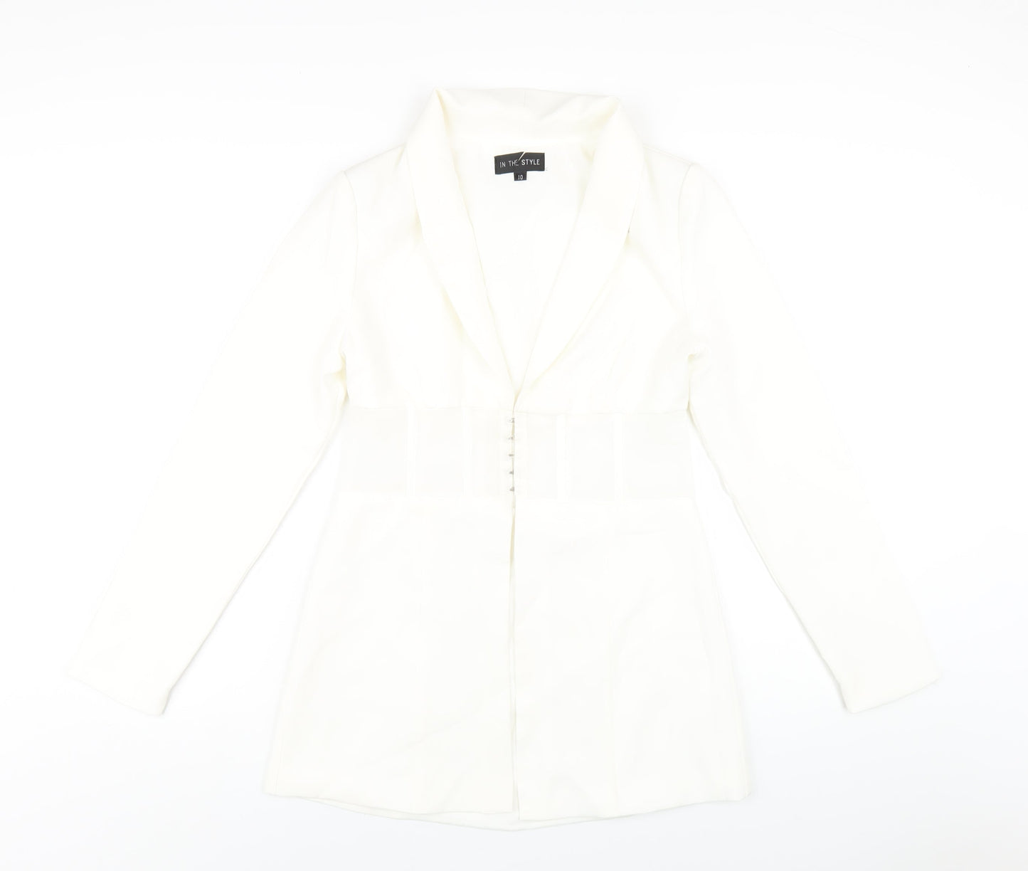 In the Style Womens White Polyester Jacket Dress Size 10 Collared Hook & Eye