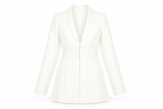Front view of In the Style women’s white polyester jacket dress, size UK 10, collared hook & eye