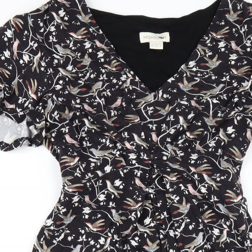 Monsoon Womens Black Geometric Viscose A-Line Size 10 V-Neck Pullover