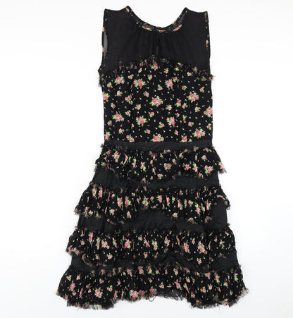 Topshop Womens Black Floral Viscose A-Line Size 10 Round Neck Zip