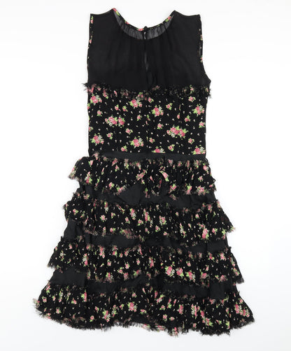 Topshop Womens Black Floral Viscose A-Line Size 10 Round Neck Zip