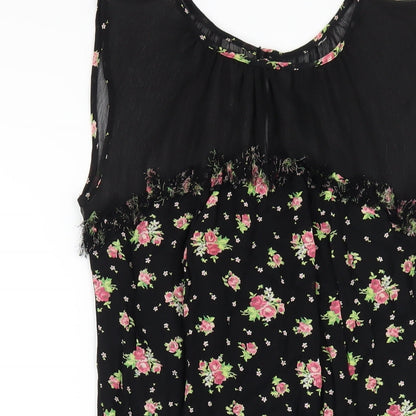 Topshop Womens Black Floral Viscose A-Line Size 10 Round Neck Zip