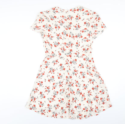 Glamorous Womens Ivory Floral Polyester A-Line Size S V-Neck Zip