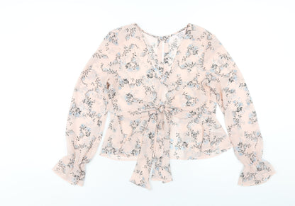 Miss Selfridge Womens Pink Floral Polyester Basic Blouse Size 6 V-Neck