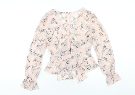Miss Selfridge Womens Pink Floral Polyester Basic Blouse Size 6 V-Neck