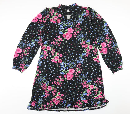 Oasis Womens Black Floral Polyester A-Line Size M Round Neck Button