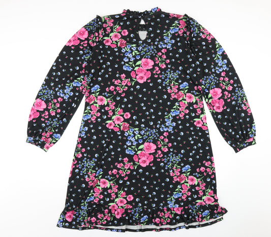 Oasis Womens Black Floral Polyester A-Line Size M Round Neck Button