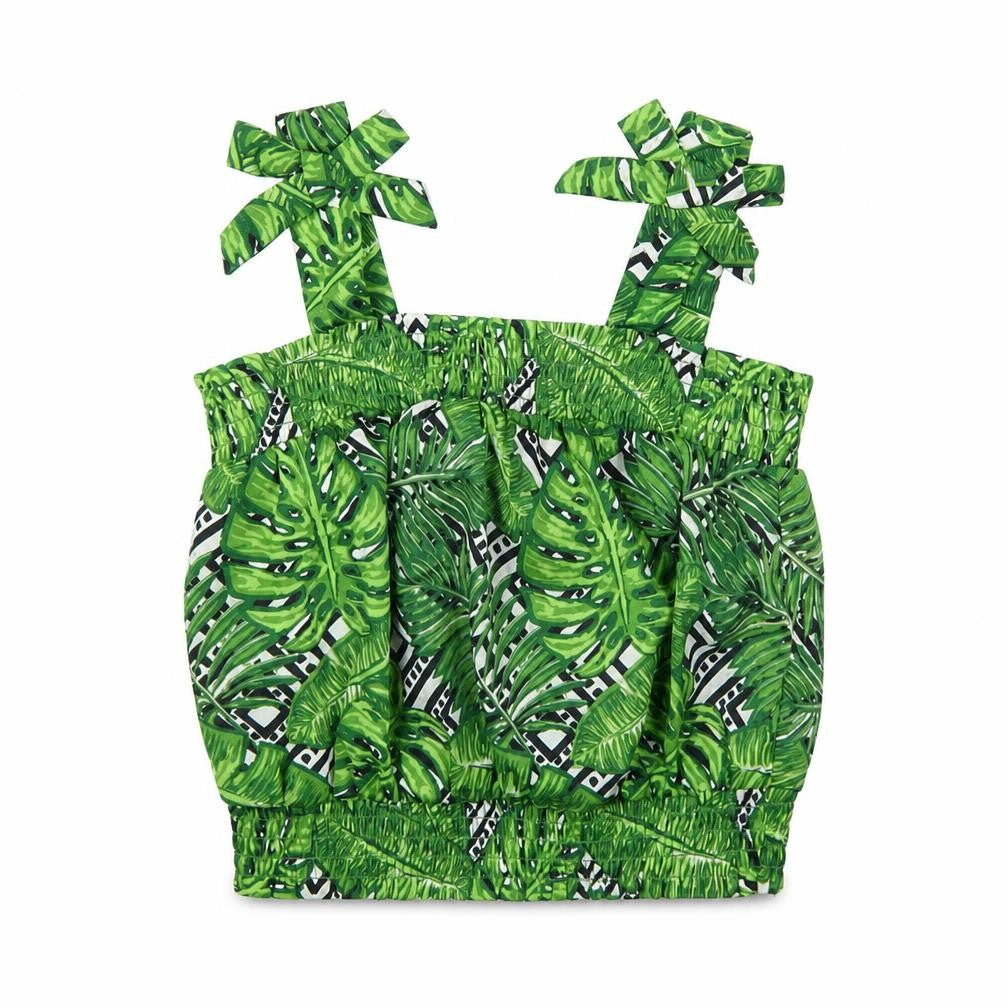 Front view of M&Co girls’ green geometric polyester basic tank, size 9, years square neck pullover