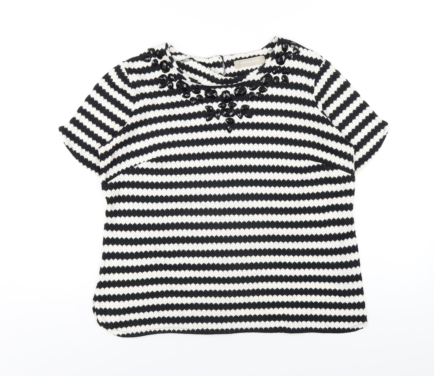 Anthology Womens Black Striped Cotton Basic T-Shirt Size 14 Round Neck - Beaded Neckline