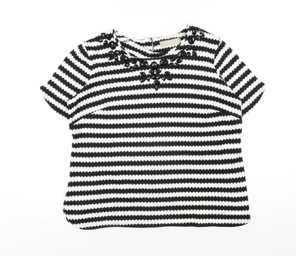 Anthology Womens Black Striped Cotton Basic T-Shirt Size 14 Round Neck - Beaded Neckline