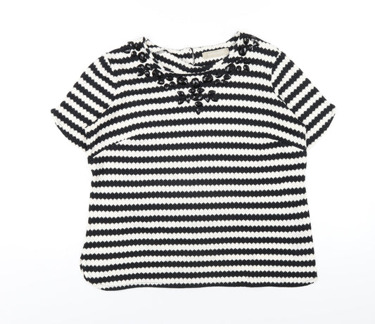 Anthology Womens Black Striped Cotton Basic T-Shirt Size 14 Round Neck - Beaded Neckline