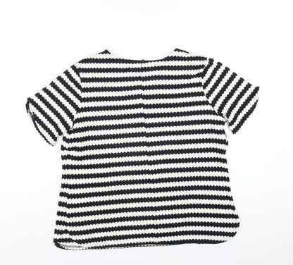 Anthology Womens Black Striped Cotton Basic T-Shirt Size 14 Round Neck - Beaded Neckline