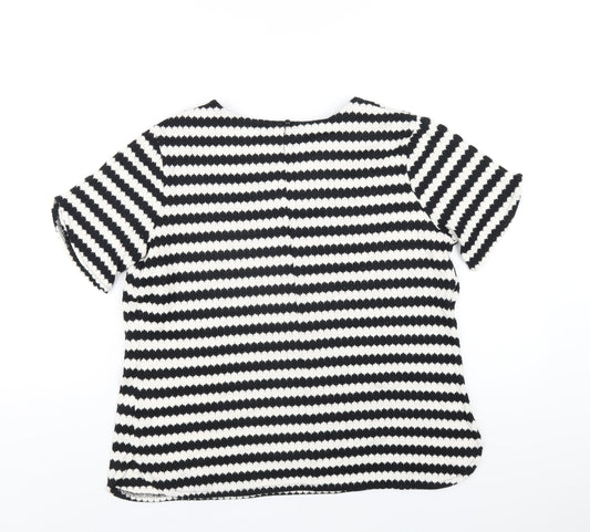 Anthology Womens Black Striped Cotton Basic T-Shirt Size 14 Round Neck - Beaded Neckline