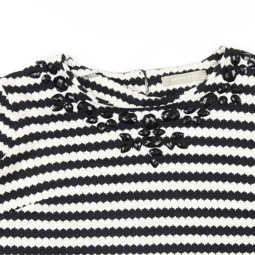 Anthology Womens Black Striped Cotton Basic T-Shirt Size 14 Round Neck - Beaded Neckline