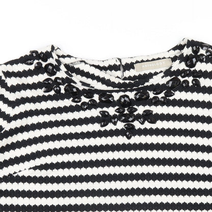 Anthology Womens Black Striped Cotton Basic T-Shirt Size 14 Round Neck - Beaded Neckline