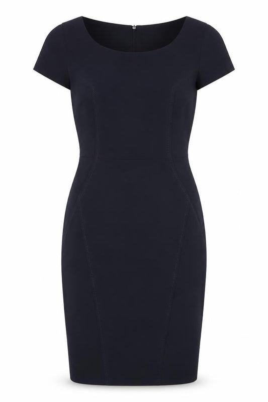 Front view of Dunnes women’s blue polyester pencil dress, size UK 8, scoop neck zip