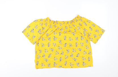 Marks and Spencer Womens Yellow Floral Viscose Basic T-Shirt Size 14 Off the Shoulder
