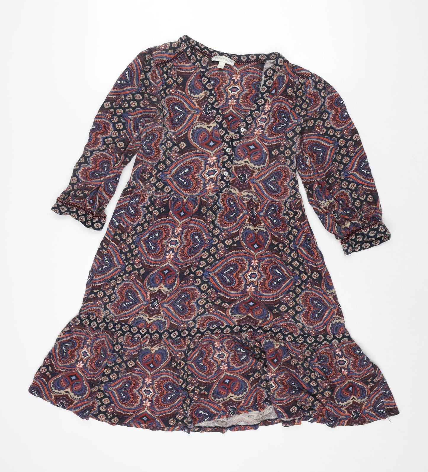 Monsoon Womens Multicoloured Geometric Cotton Shift Size S V-Neck Button - Smocked