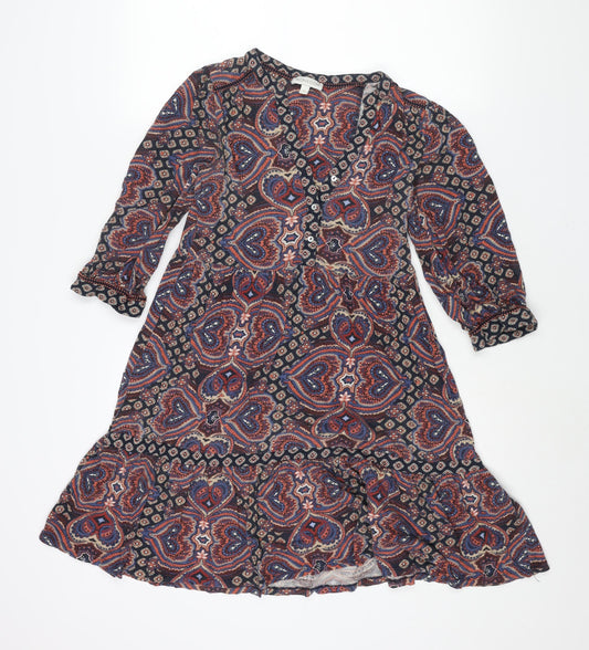 Monsoon Womens Multicoloured Geometric Cotton Shift Size S V-Neck Button - Smocked