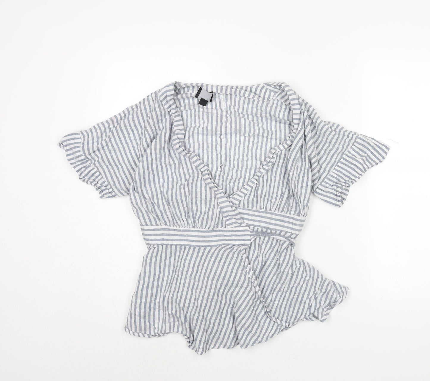 Lumiere Womens Blue Striped Cotton Wrap Blouse Size M V-Neck - Peplum