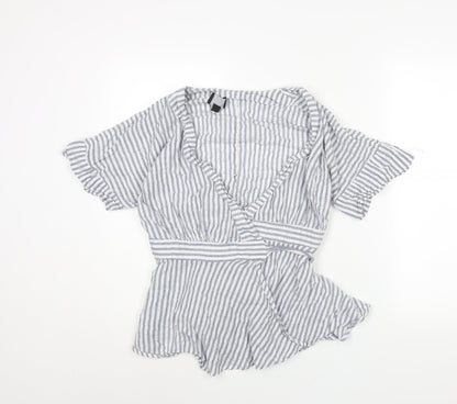 Lumiere Womens Blue Striped Cotton Wrap Blouse Size M V-Neck - Peplum