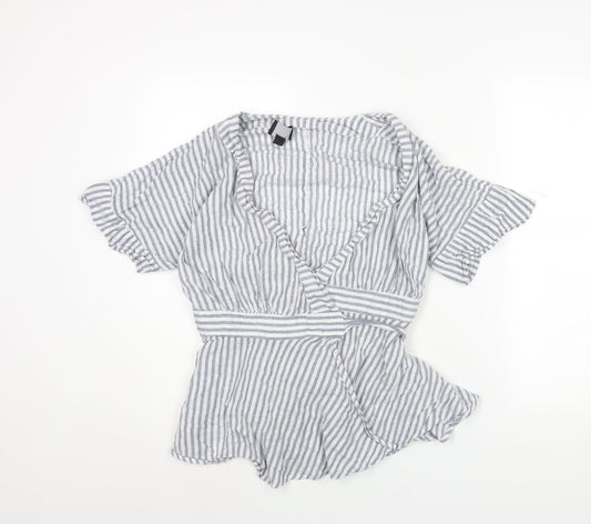 Lumiere Womens Blue Striped Cotton Wrap Blouse Size M V-Neck - Peplum