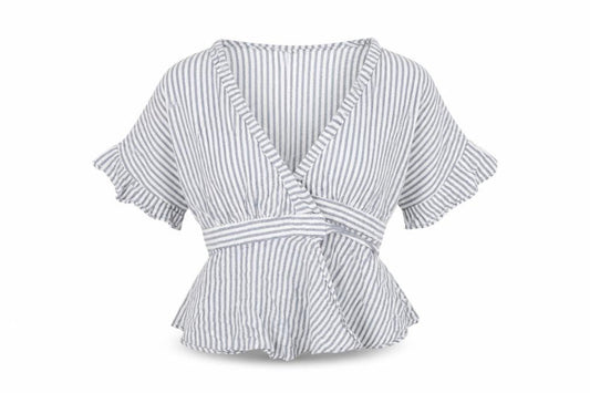 Lumiere Womens Blue Striped Cotton Wrap Blouse Size M V-Neck - Peplum