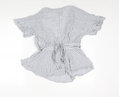 Lumiere Womens Blue Striped Cotton Wrap Blouse Size M V-Neck - Peplum