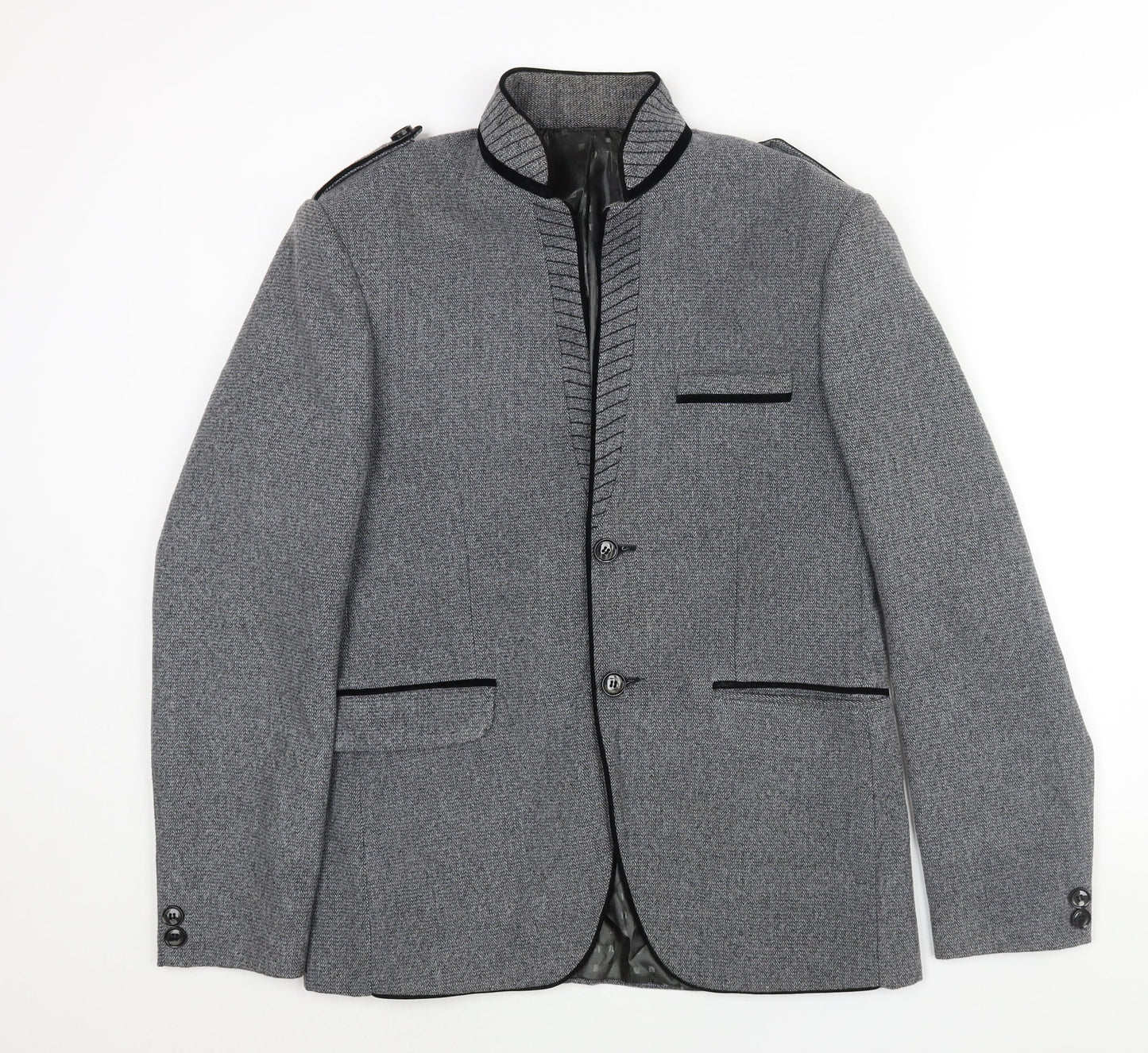 Astonia Mens Grey Herringbone Polyester Jacket Blazer Size 40 Regular - No Lapel Velvet Trim