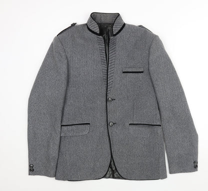 Astonia Mens Grey Herringbone Polyester Jacket Blazer Size 40 Regular - No Lapel Velvet Trim