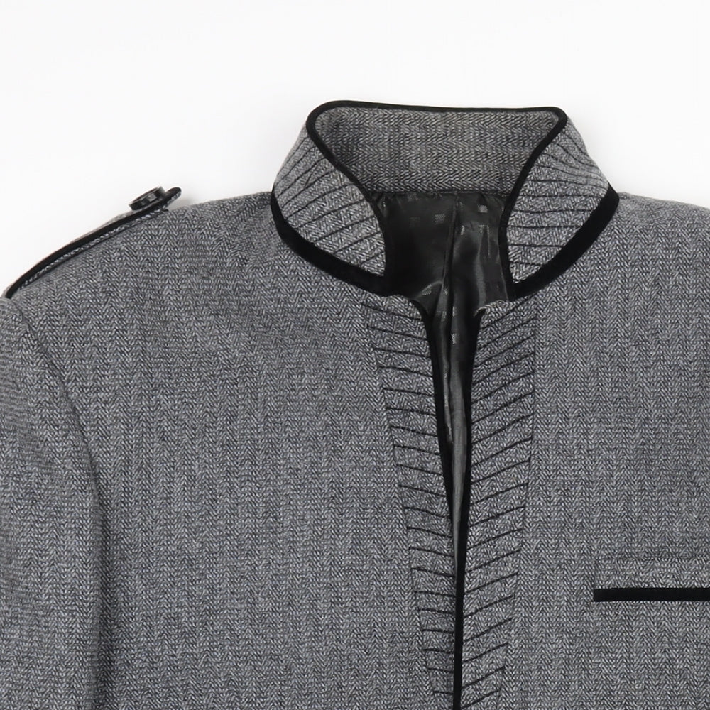 Astonia Mens Grey Herringbone Polyester Jacket Blazer Size 40 Regular - No Lapel Velvet Trim